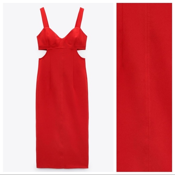 NWT. Zara Red Strappy Cut Out Midi Dress with V-neckline. Size S. - Picture 6 of 11